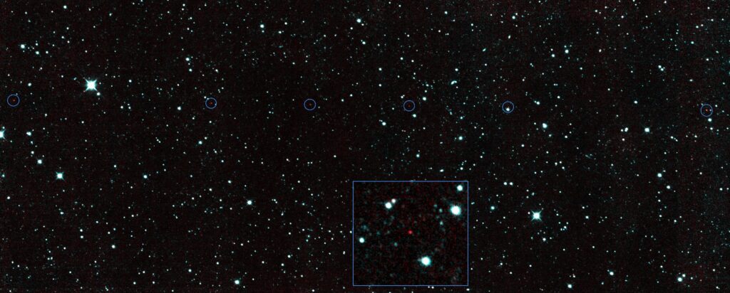 six red dots in this composite picture indicate the location of six sequential detections of the first near-Earth object